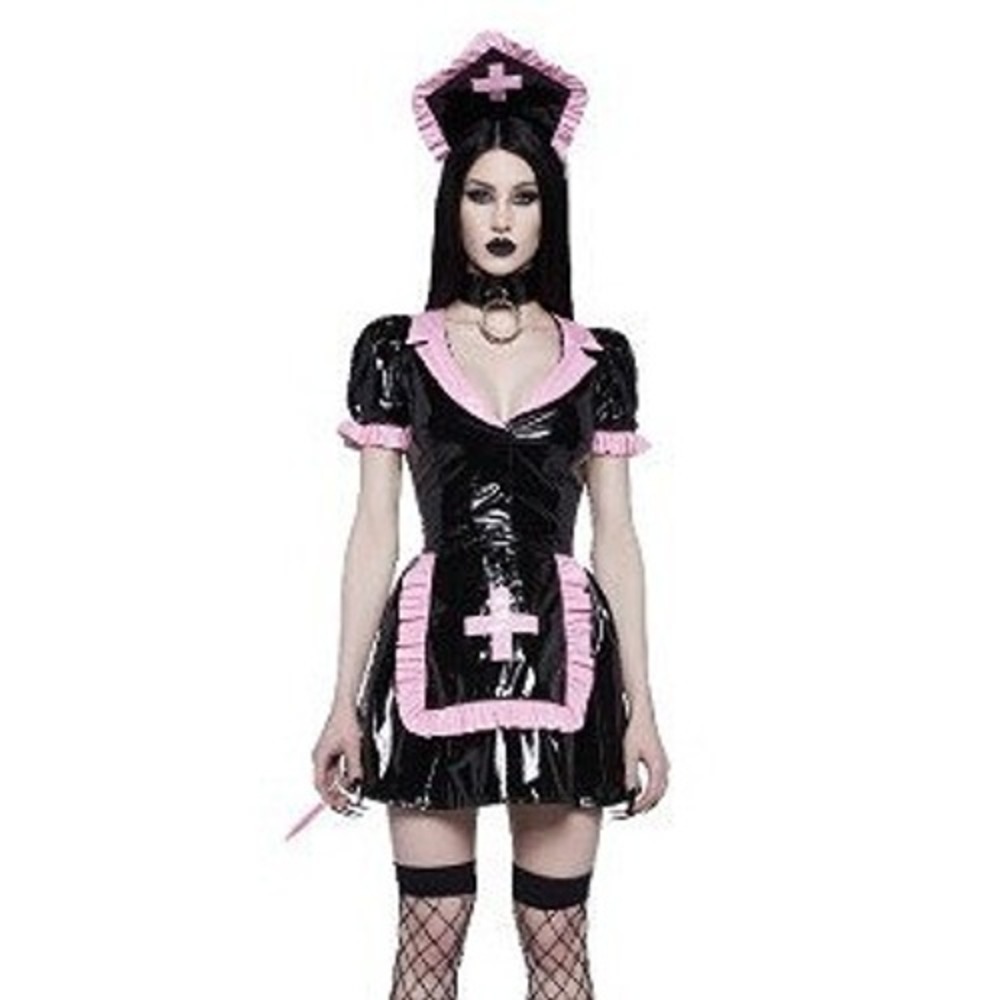 Dolls Kill Trickz N Treatz Vinyl Nurse Costume Dress Womens L Black Pink Goth